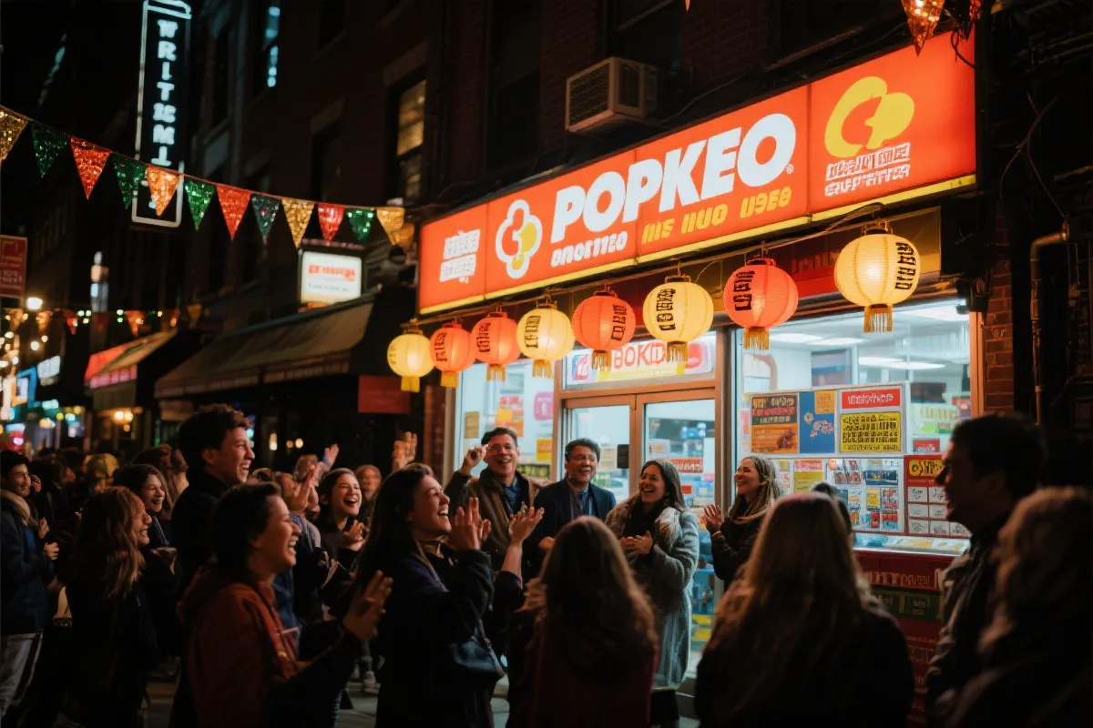 城市夜色下的福利彩票店外景，节日灯笼与欢庆人群
